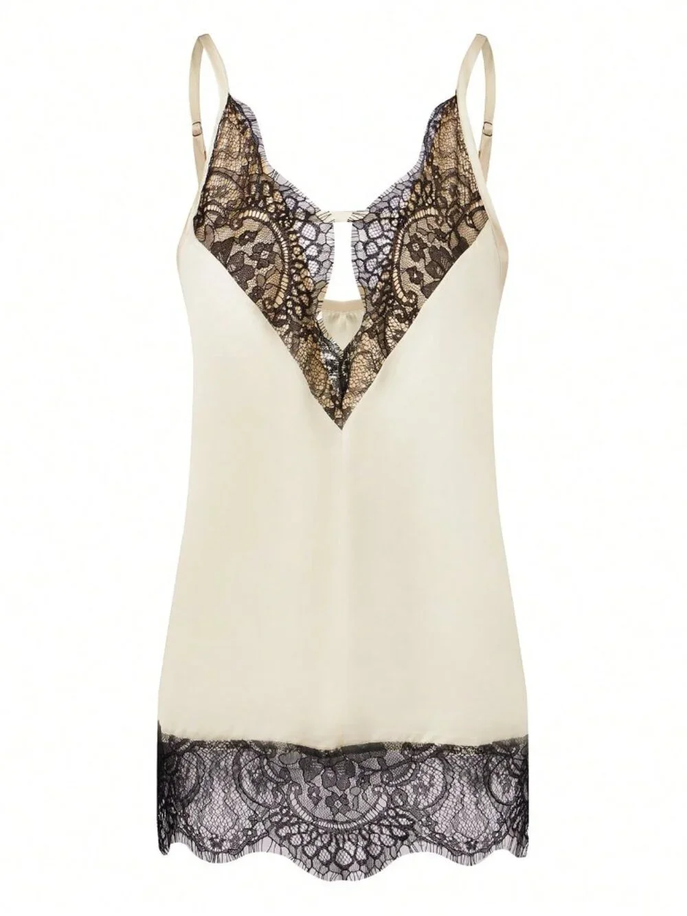 Apricot Elegant Women's Lace Trim Satin Cami with Spaghetti Straps Deep V-Neck - Picture 6 of 10